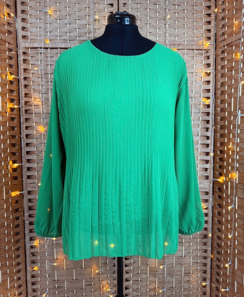 Made In Italy Green Pleated Stretch Top Long Sleeve UK 12-14
