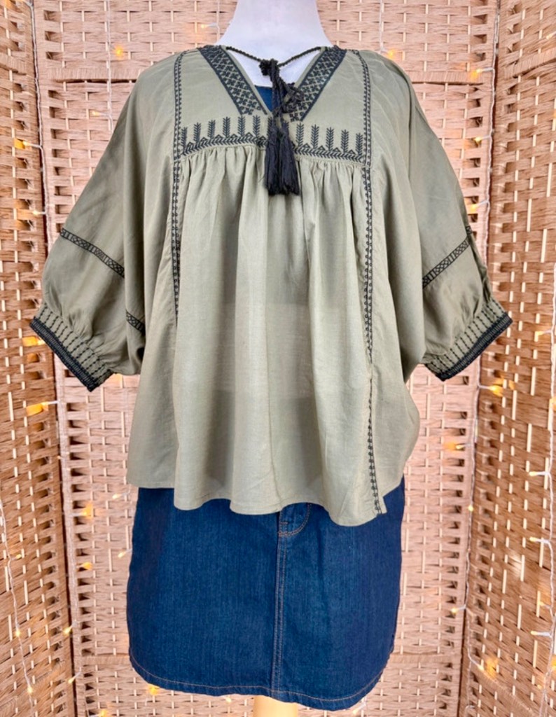 Per Una Khaki Embroidered Boho Cotton Tassel Top UK 10
