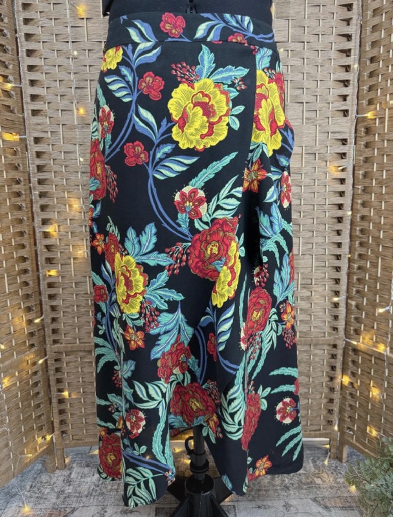 Papaya Floral Wrap Style Midi Skirt Black Multi UK 14