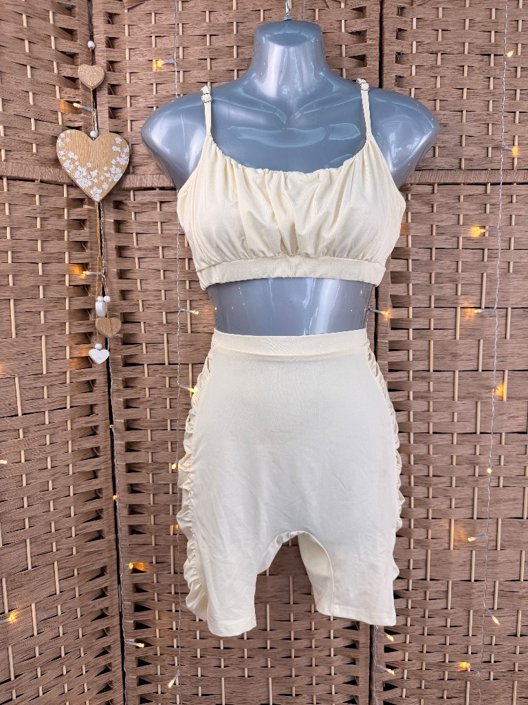 Cream Ruched Co-Ord Set Crop Top & Cycling Shorts UK 10-12