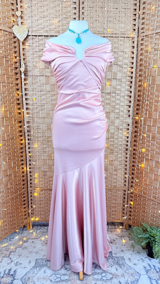 Quiz Blush Pink Satin Bardot Maxi Dress | UK 10