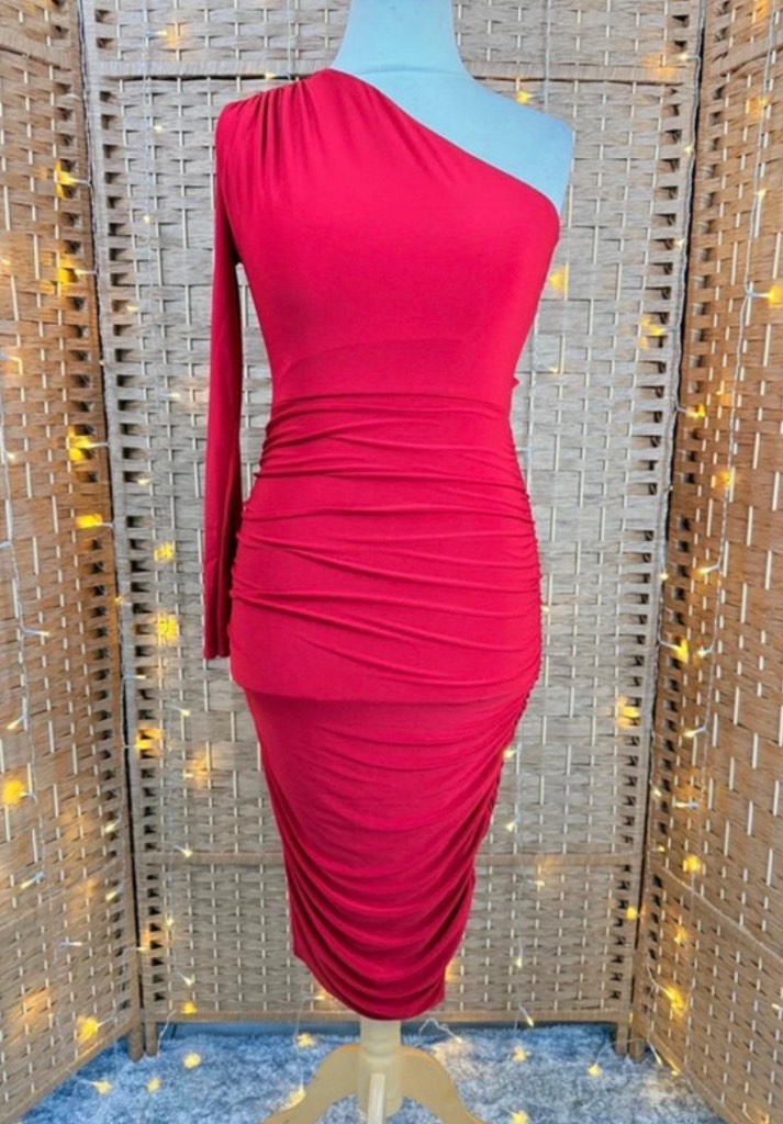 Missagi London One Shoulder Ruched Midi Dress Red UK 12 BNWT Party