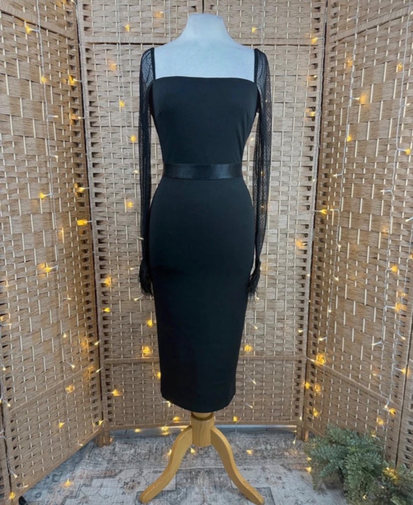 🖤 Goddiva Black Feather Cuff Midi Dress – UK 8 Sample BNWT