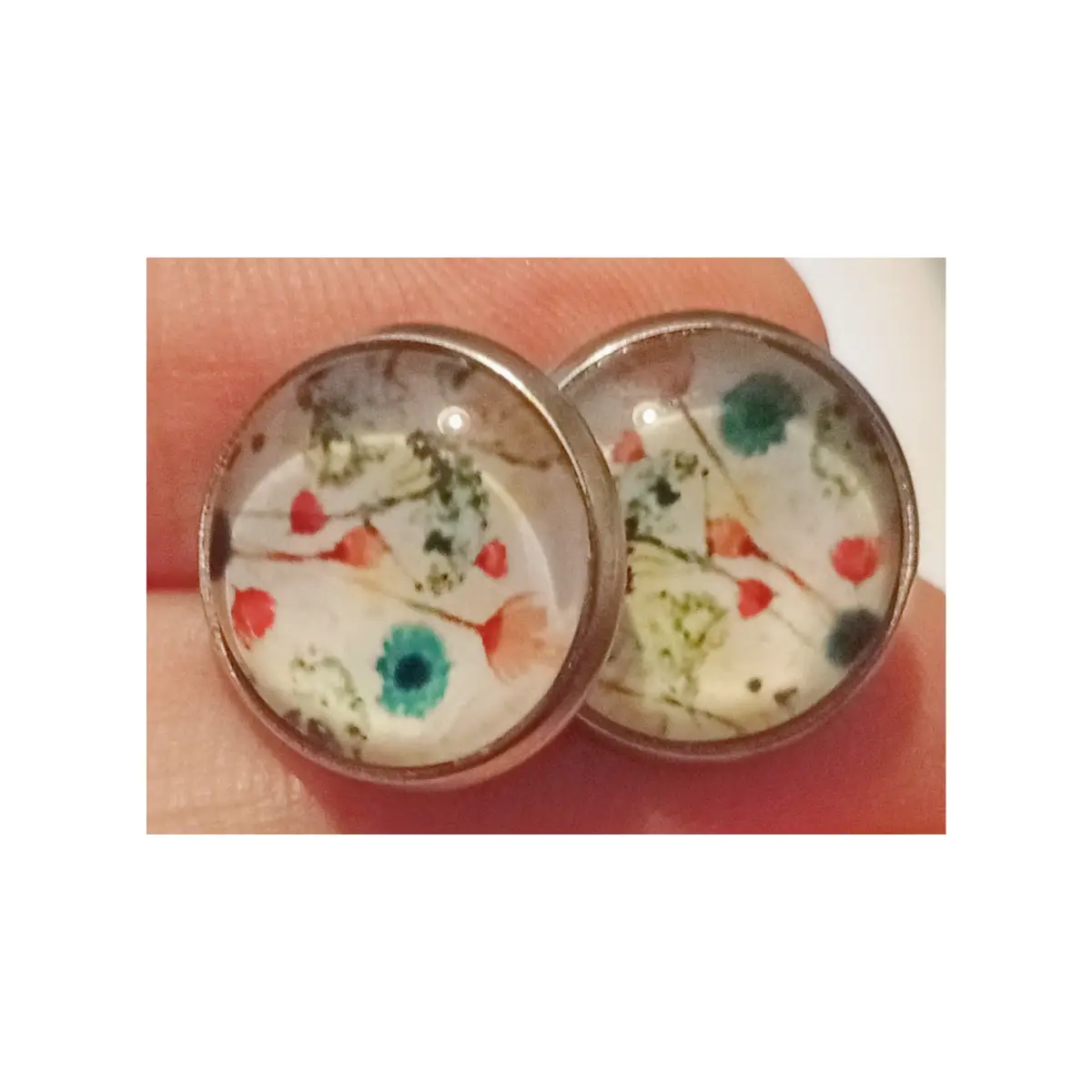 Wild flowers design cute glass cabochon earrings. Studs. Boxed.