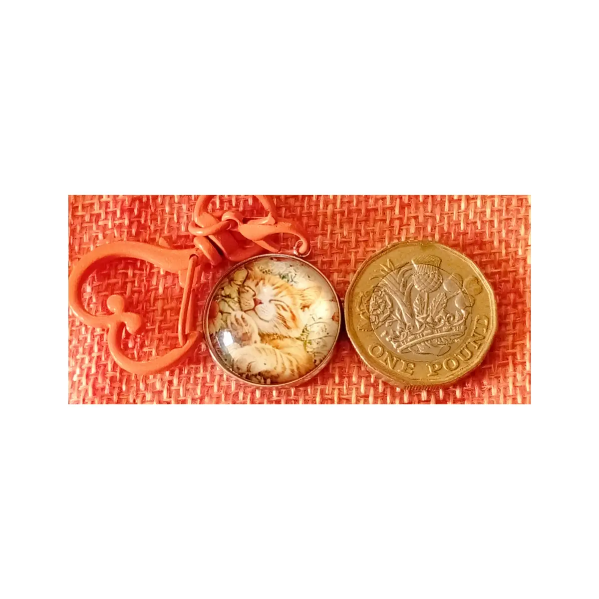 Cute sleeping ginger cat design keyring. Glass cabochon style.