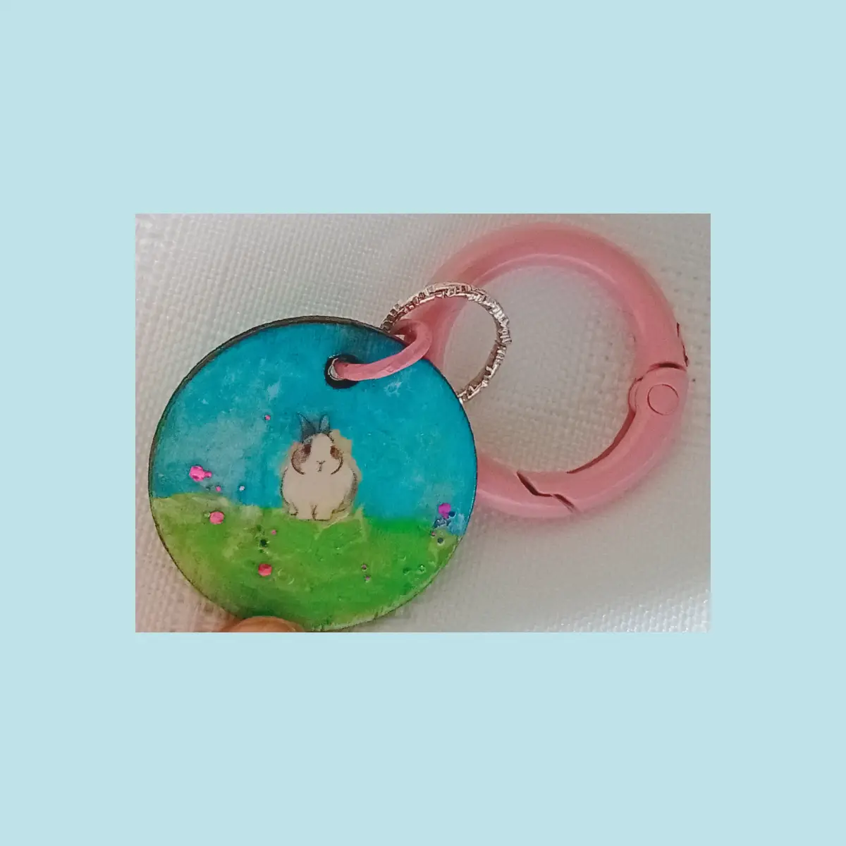 Set of two wooden personalised unique handmade bunny rabbit design keyrings / bag charms.