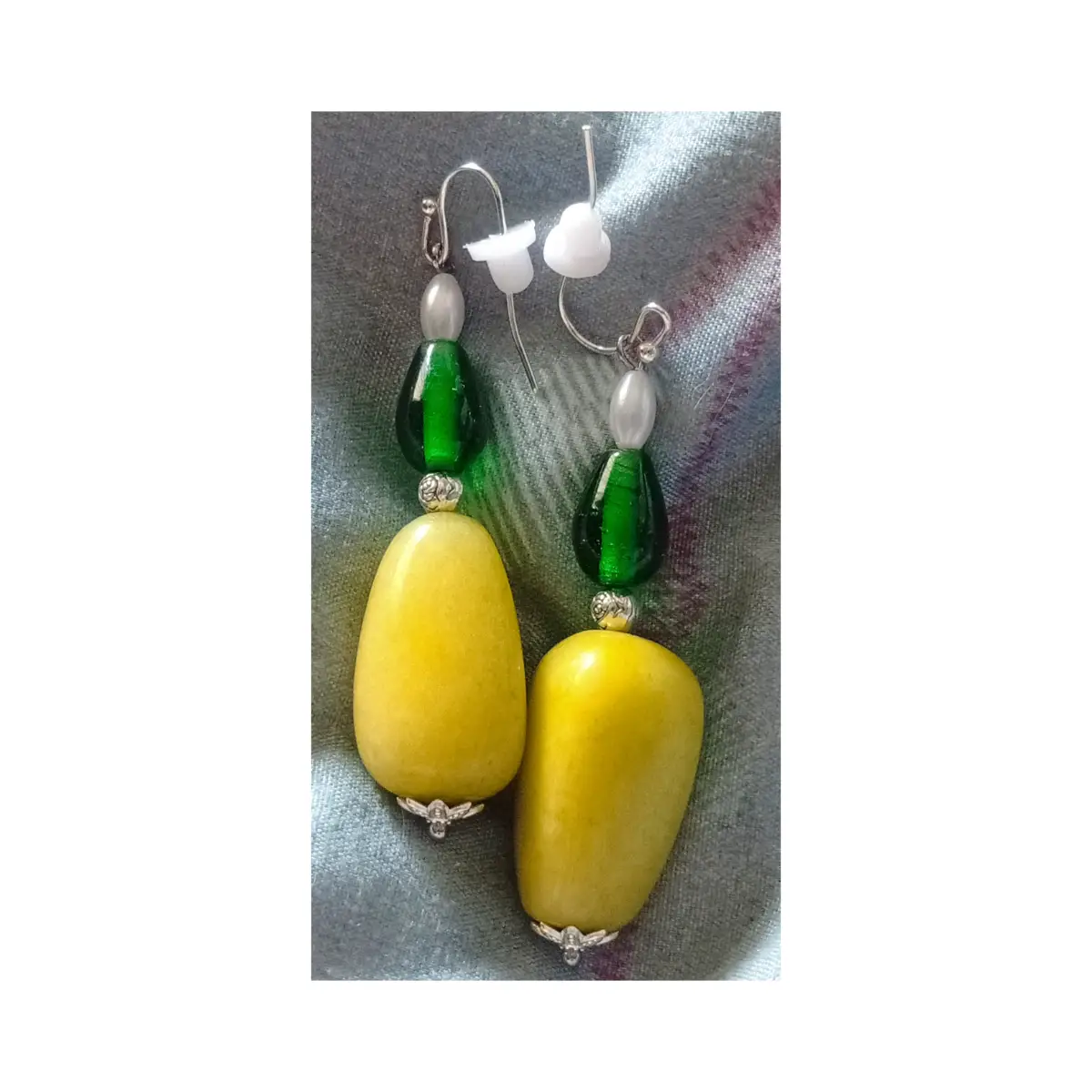 Handmade ceramic and gemstone earrings. Shades of green.