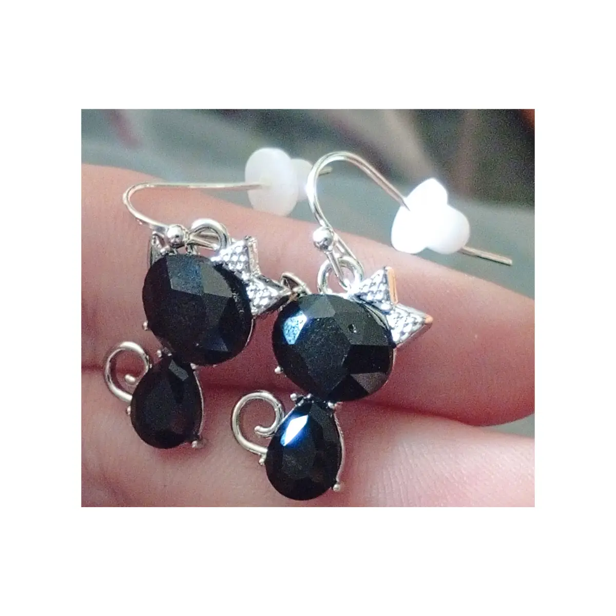 Cute black cat design drop style earrings. Boxed.