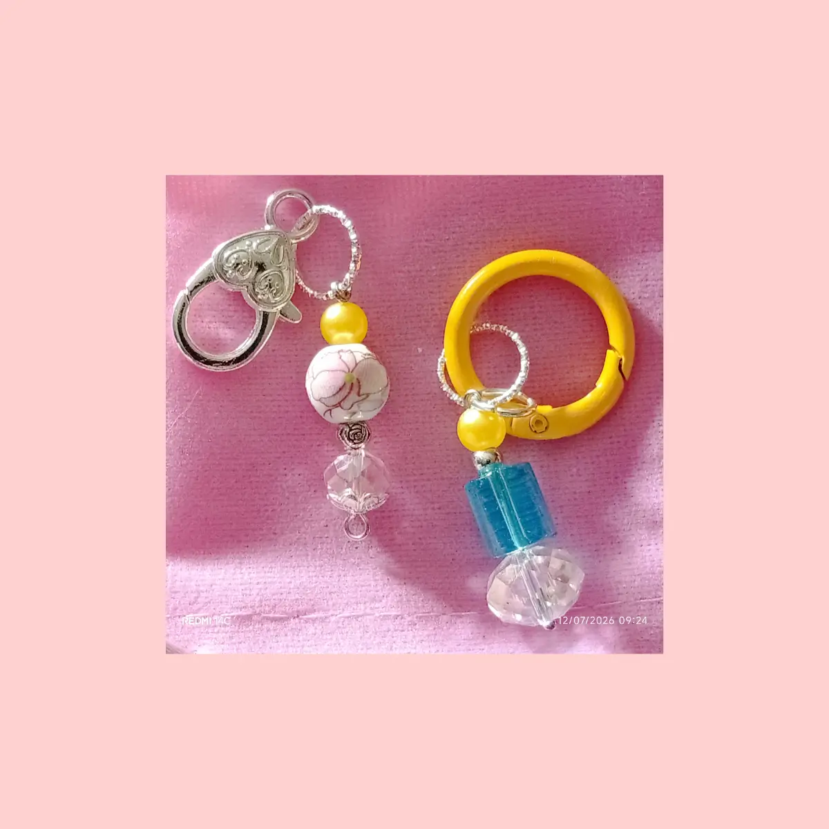 Pair of beaded personalised keyrings.