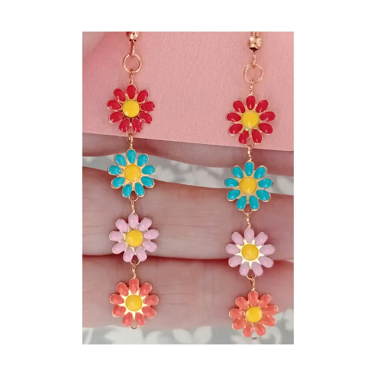 Ditsy quirky multicoloured daisy drop and dangle earrings.
