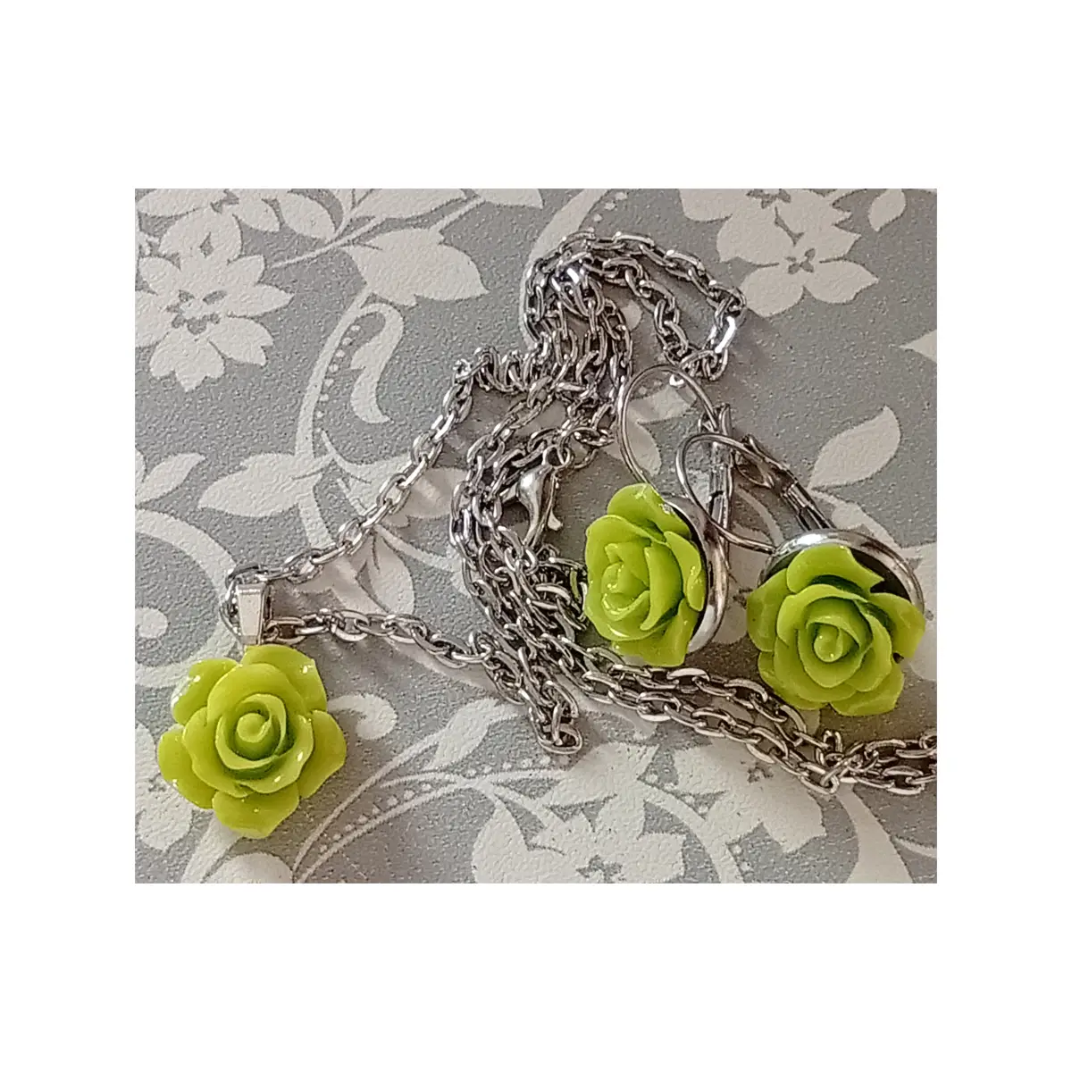 Olive green resin rose design earrings and necklace set. Boxed