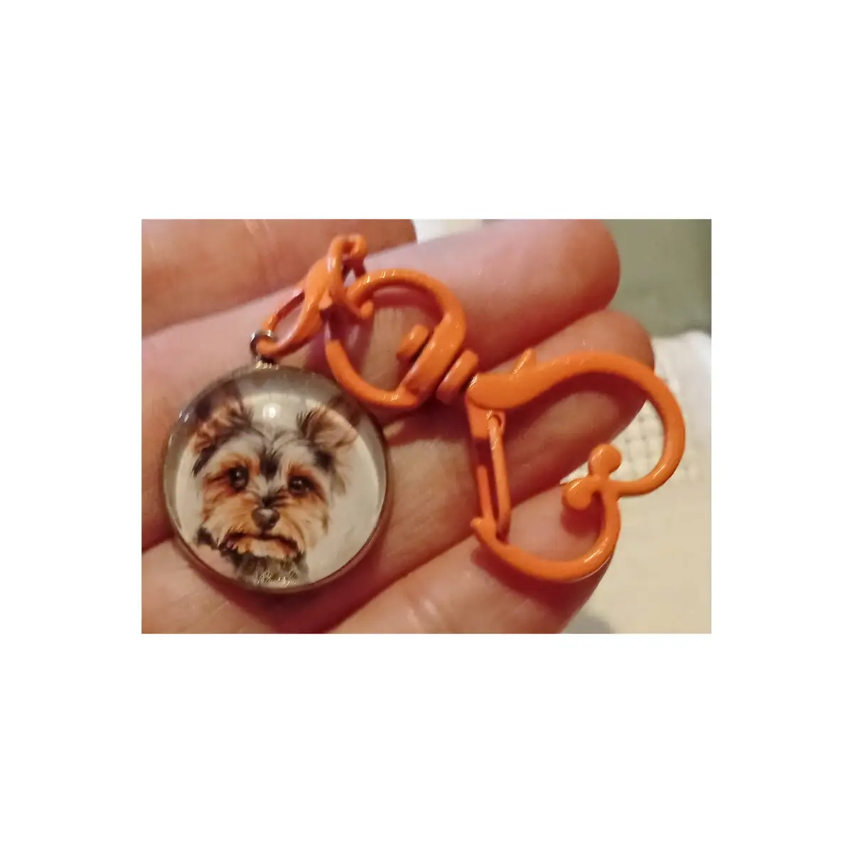 Cute glass cabochon keyring or bag charm featuring a Yorkshire terrier.