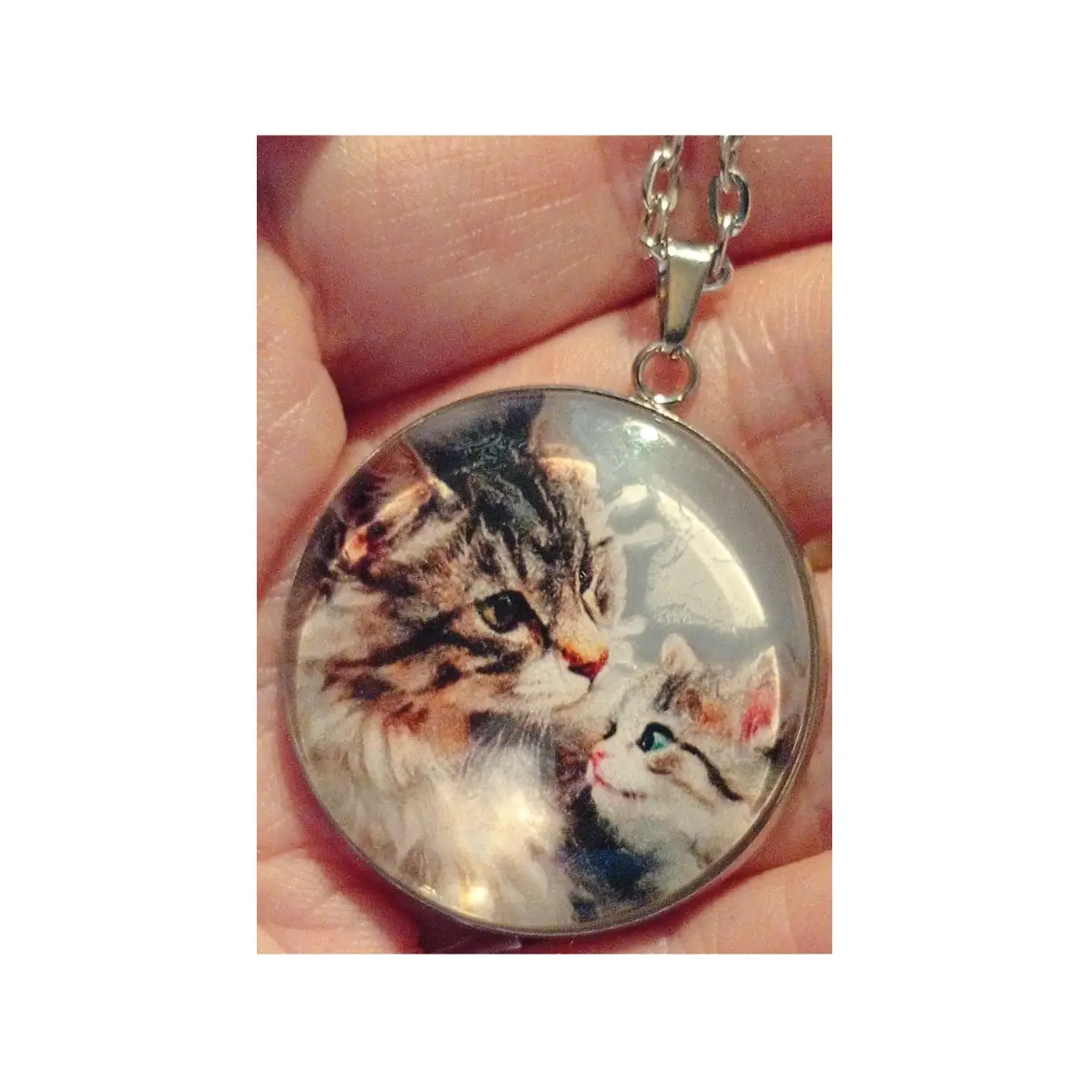 Mum and baby kitten glass cabachon necklace / pendant.