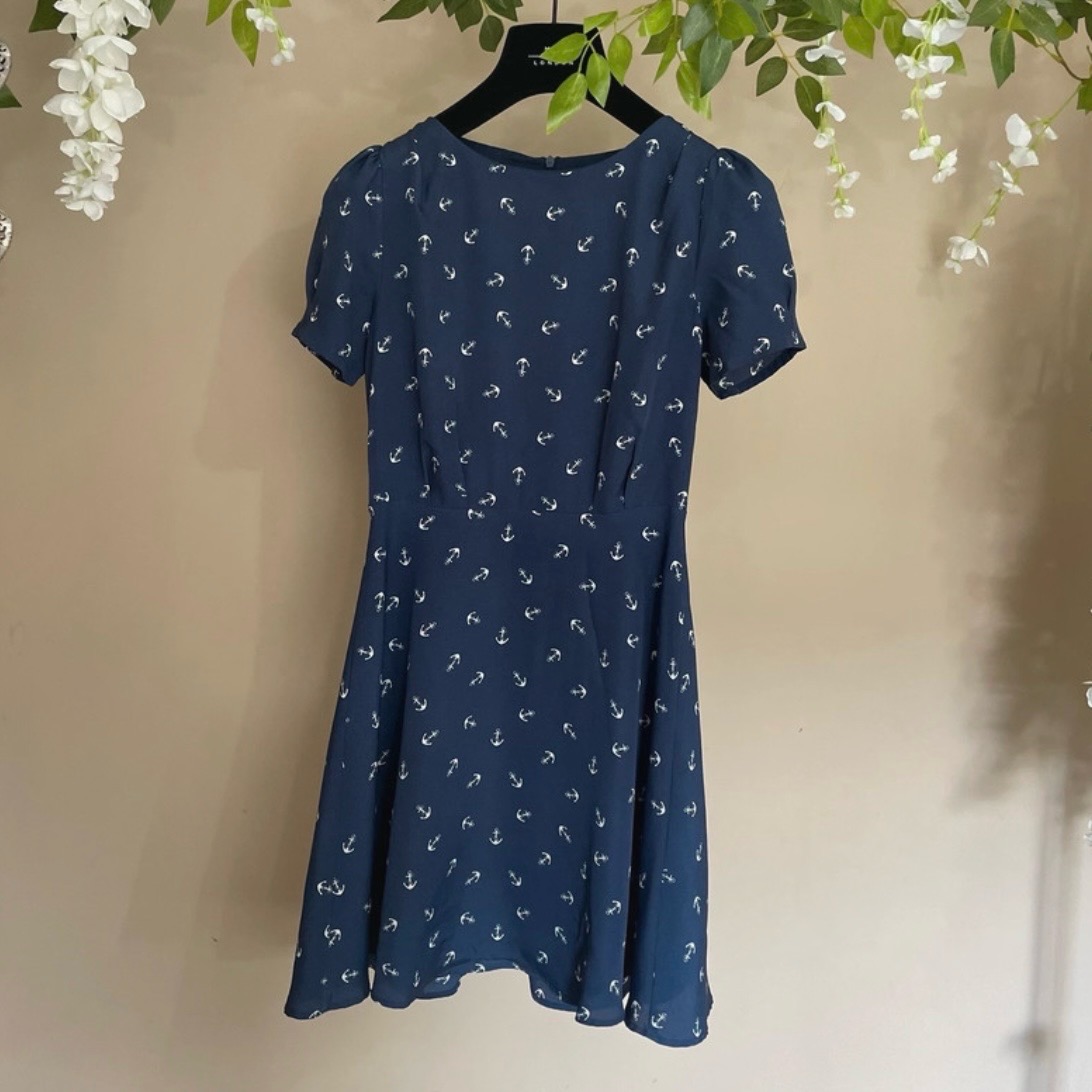 Oasis Navy and white anchor print fit and flare tea dress with short puff sleeves size UK6