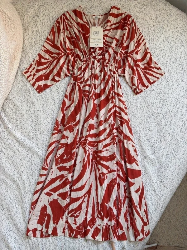 Almé Paris Red White Abstract Print Midi Dress Size 40/42