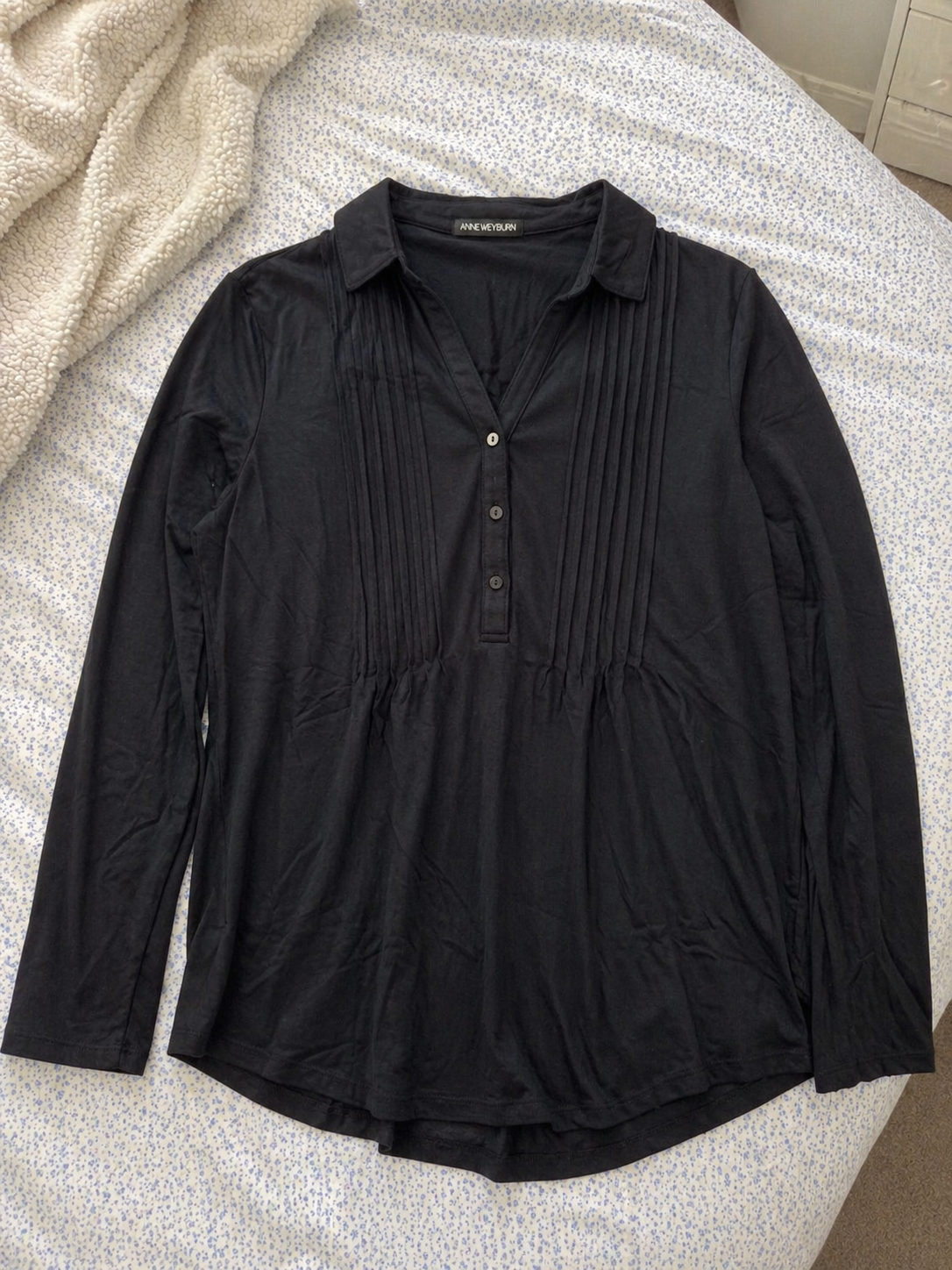 Anne Weyburn Black Long Sleeve Blouse Pleated Front Smart Casual Shirt Size M UK 12 Elegant