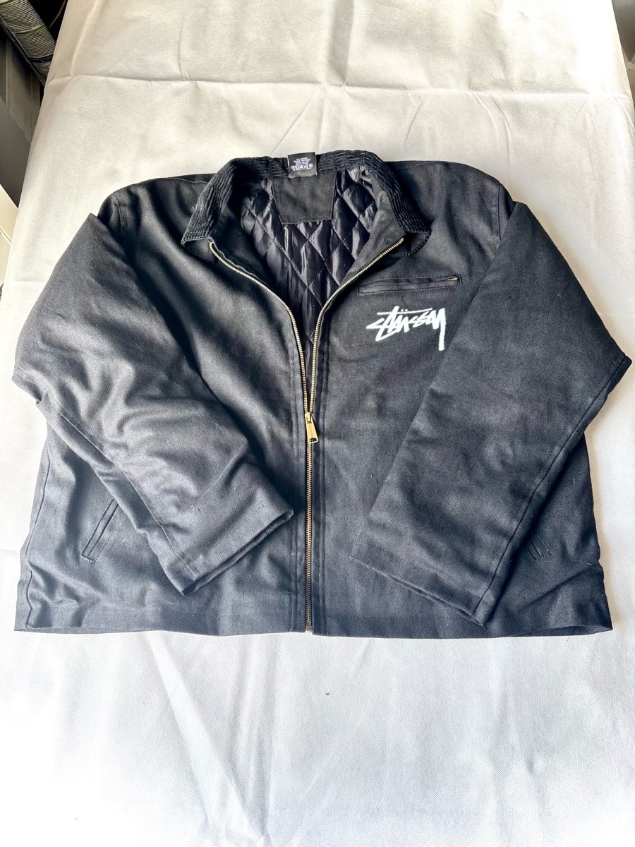 Stüssy Black Canvas Quilted Work Jacket Big Stock Logo – Size L