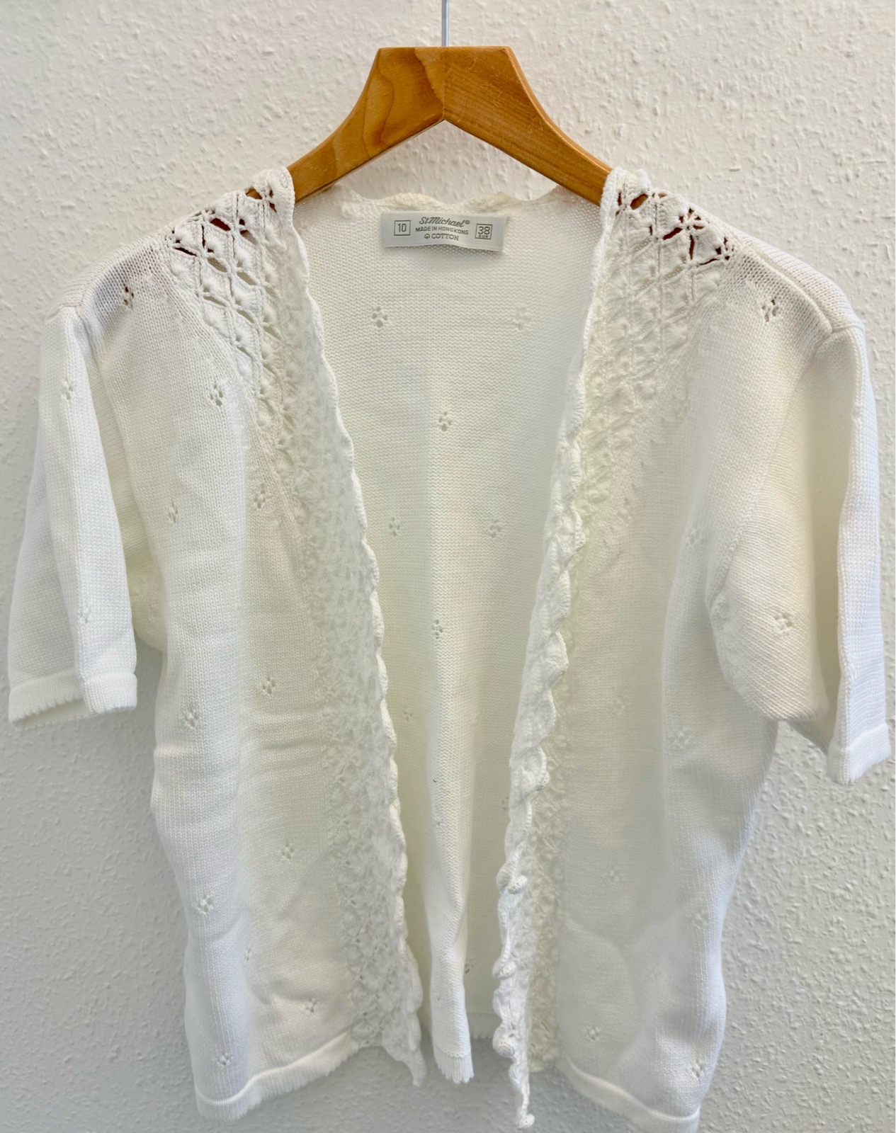 1980s Vintage St Michael White Cotton Crochet Lace Cardigan UK 10