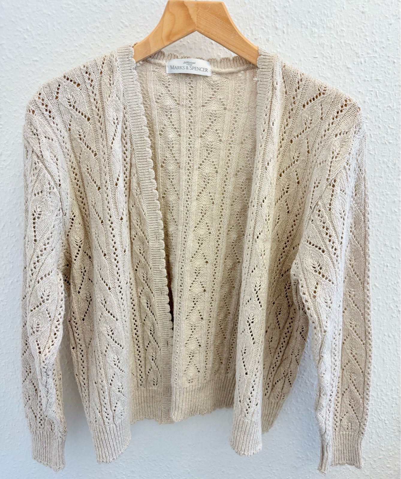 Vintage knit 1990s St Michael M&S Oatmeal Lace Knit Cardigan UK 12