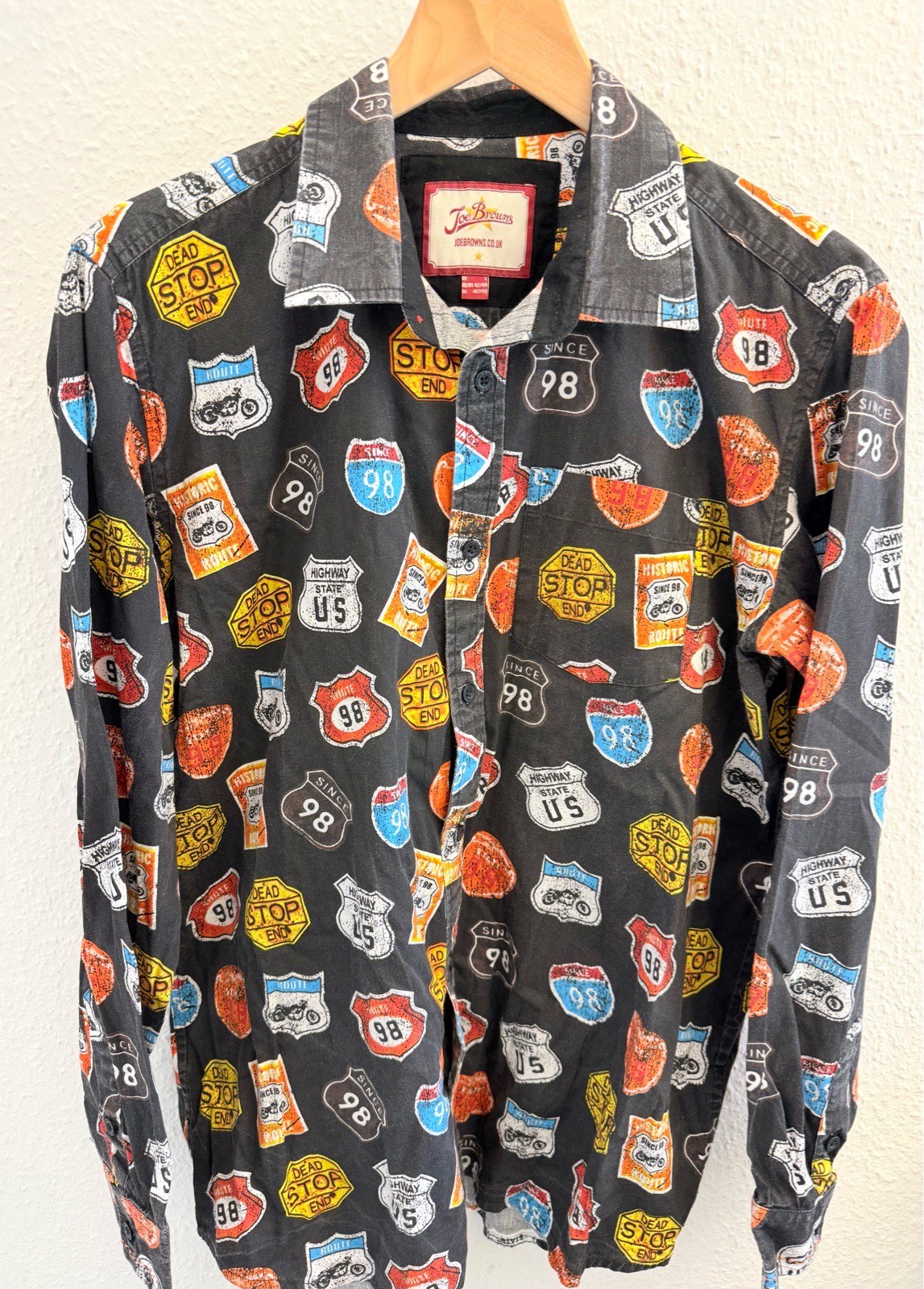 Joe Browns Road Trip Print Shirt Mens L 42/44 Black Cotton Vintage Style