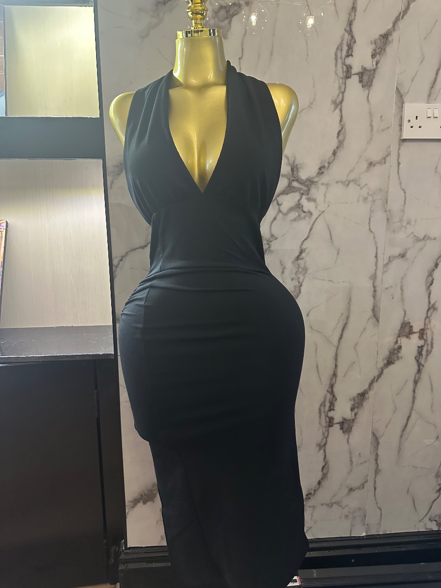 Black Halterneck Backless Maxi Dress | Bodycon Evening Party Dress | Size XL