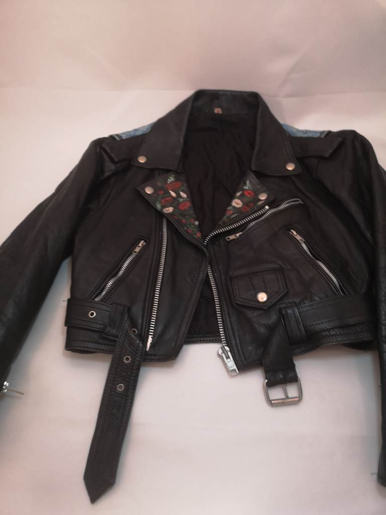 Vintage Hand Painted Leather Biker Jacket Size M