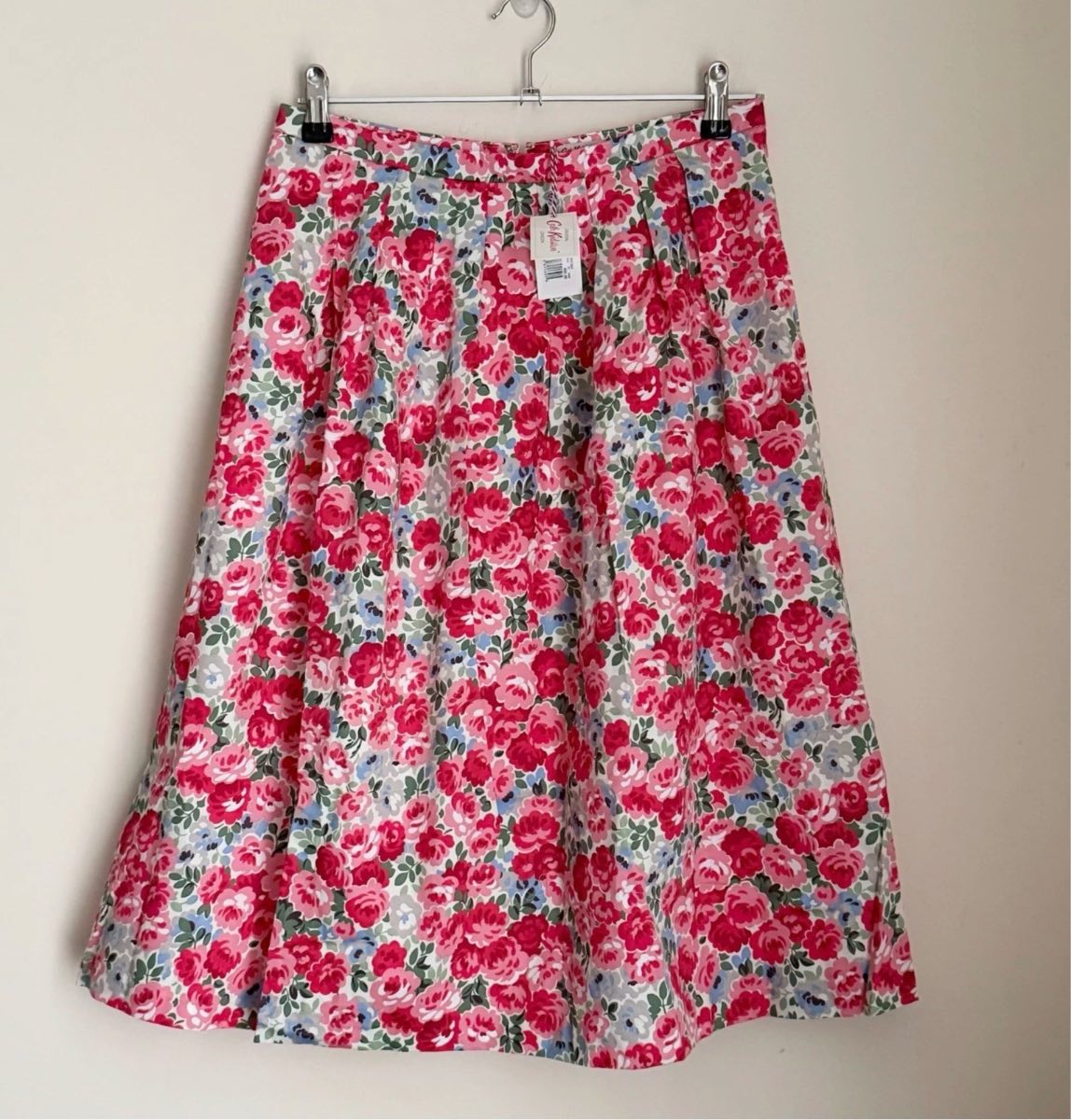 Cath Kidston Sateen Skirt UK Size 10 Knee Length Floral Cotton Pink Rose Print