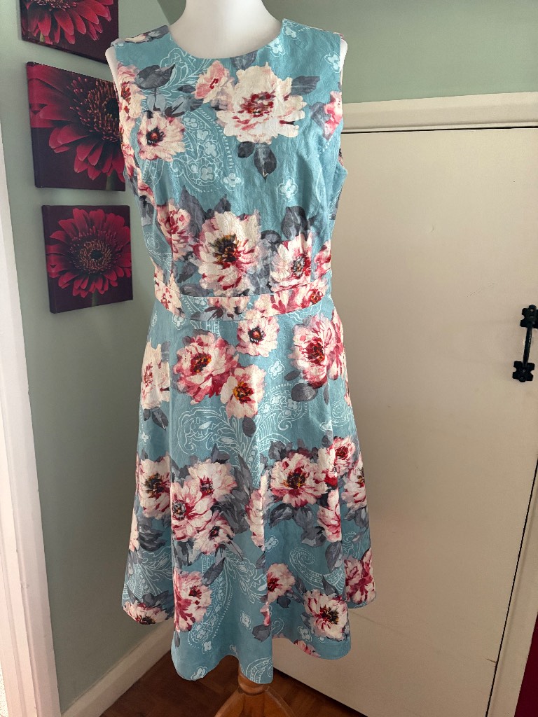M&S turquoise and pink floral luxury cotton skater dress. Size 12