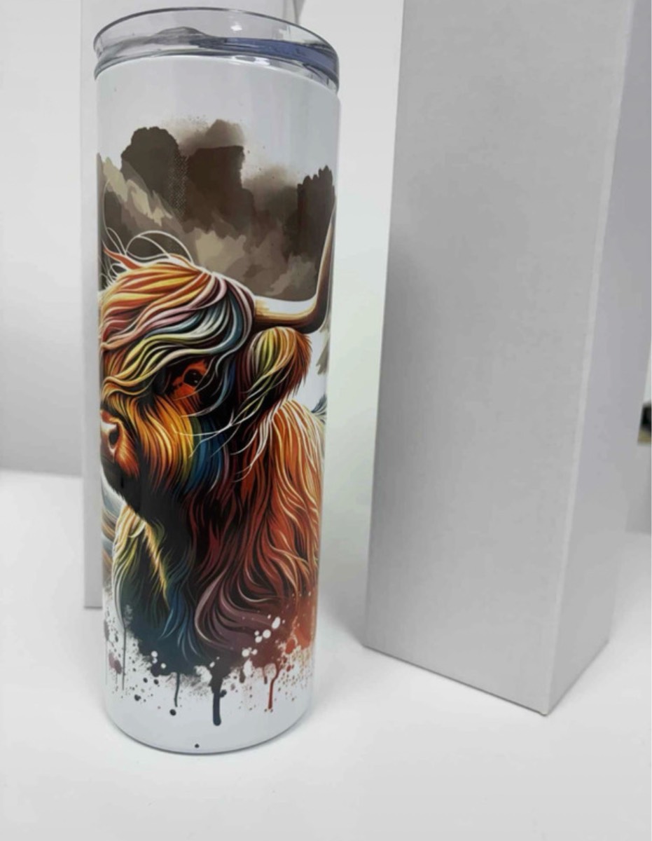 Highland cow tumbler hot or cold drink with straw