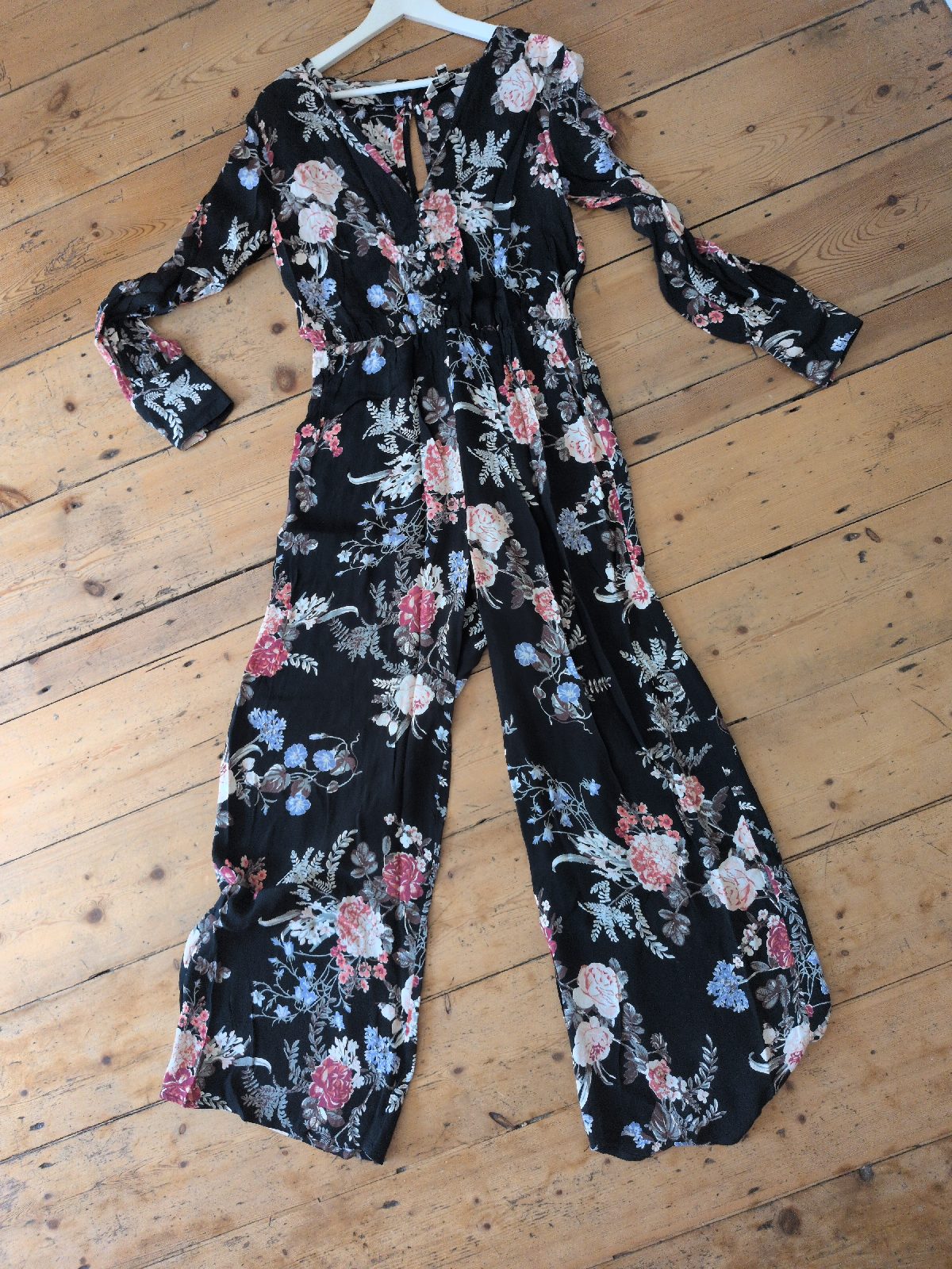 Miss Selfridge Black Floral Wide Leg Jumpsuit Size 10 Cottagecore Folk Boho