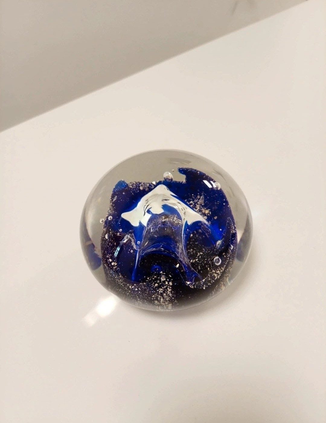 Vintage Hand Blown Art Glass Paperweight – Blue Translucent Starburst with Gold Detail