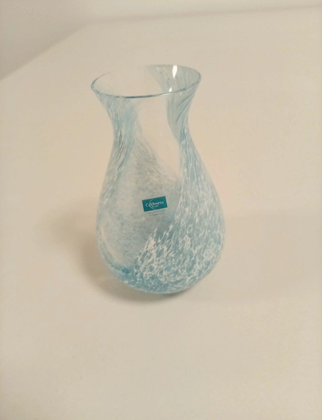 Glass Flower Post Vase by Caithness of Scotland, Blue and White Stripe Swirls 2000