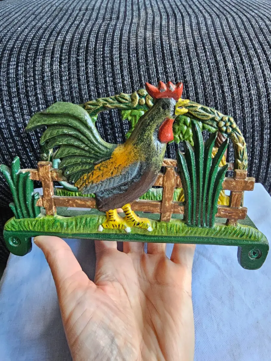 Vintage Style Cast Iron Rooster & Picket Fence Letter Rack / Napkin Holder