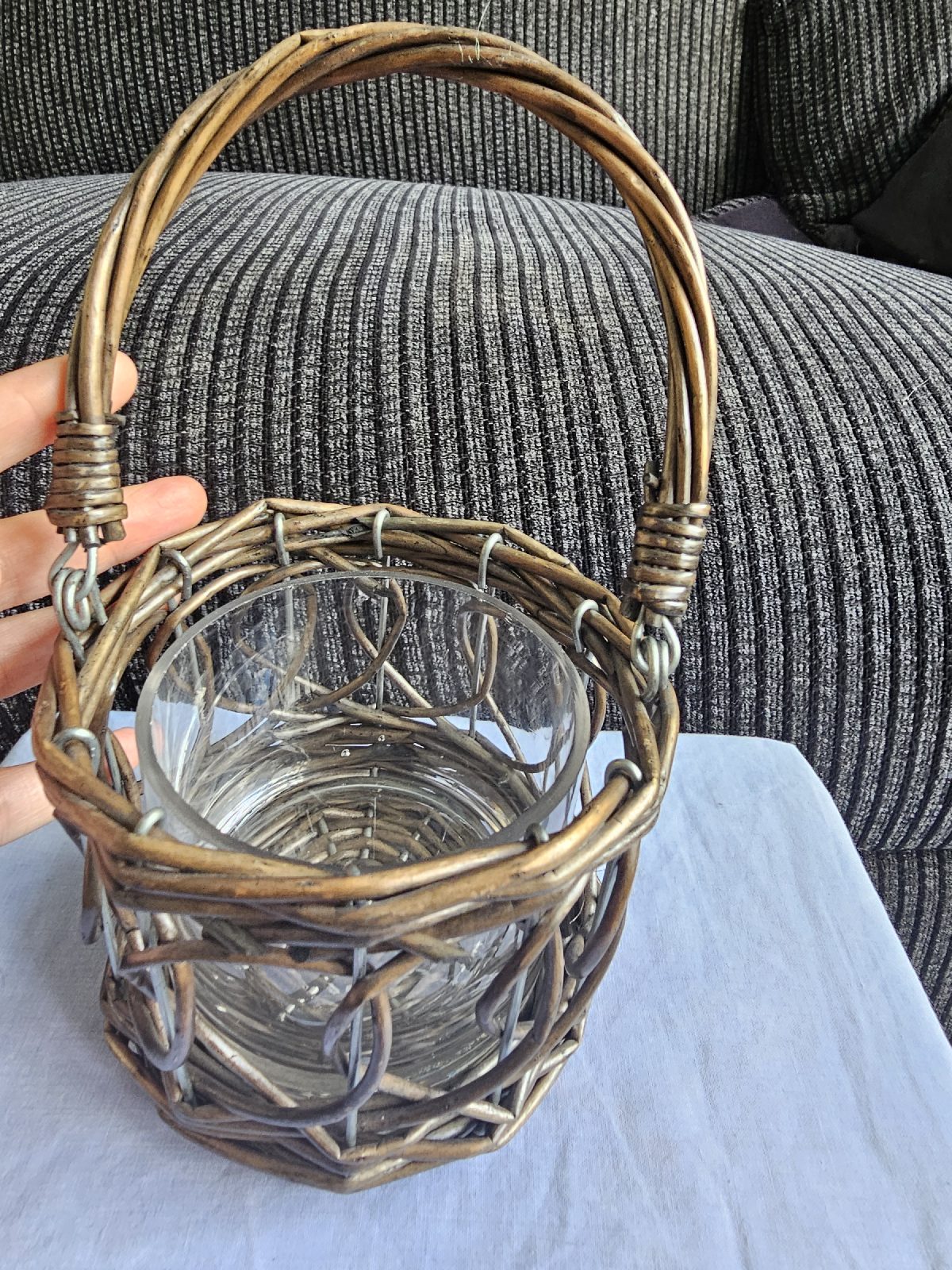 Rustic Wicker & Metal Glass Candle Holder