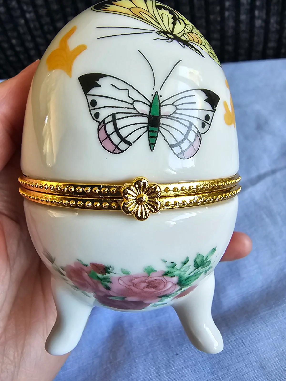 Ceramic Egg Shaped Trinket Box with Gold Embossed Trim