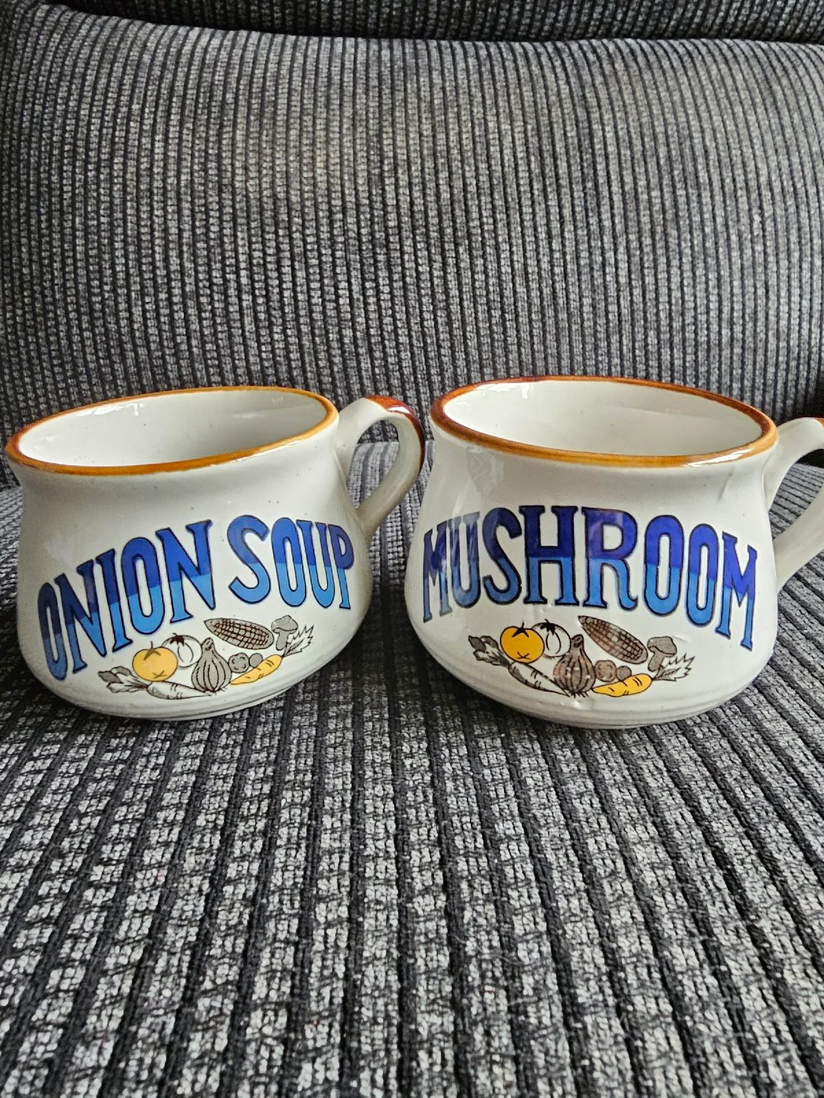 Pair of Vintage 1970s Ceramic Soup Mugs | Mushroom & Onion Retro Kitchenware