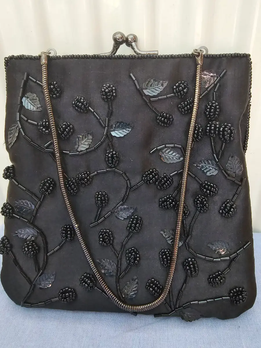 ABRO Black Beaded Handbag Purse, Berry & Leaf Design, Vintage Style
