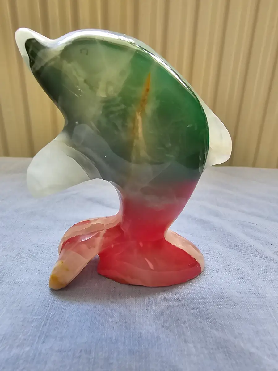 Vintage Banded Onyx Dolphin Figurine | Pink & Teal Agate Stone Sculpture