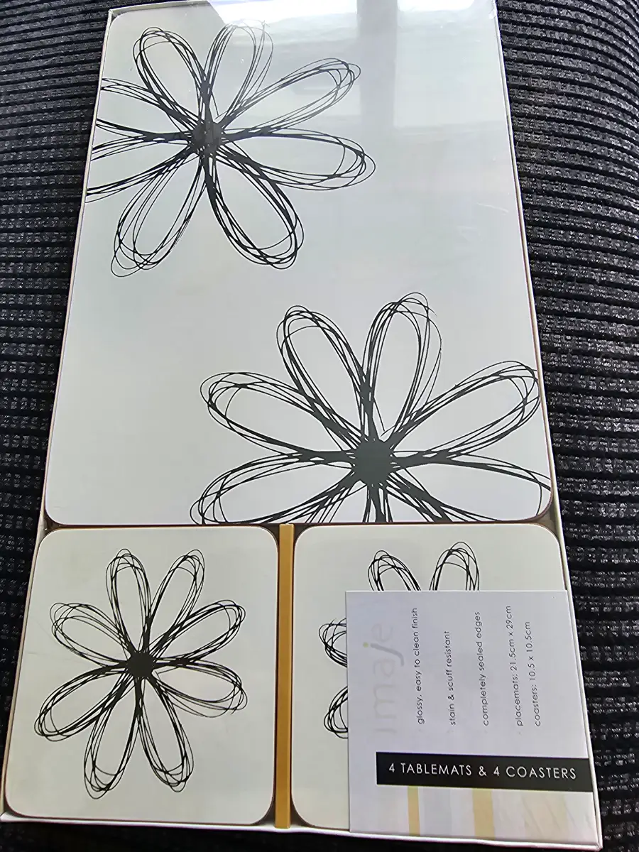Contemporary Scribble‑Floral Tablemats & Coasters Set – 8‑Piece (Brand New)