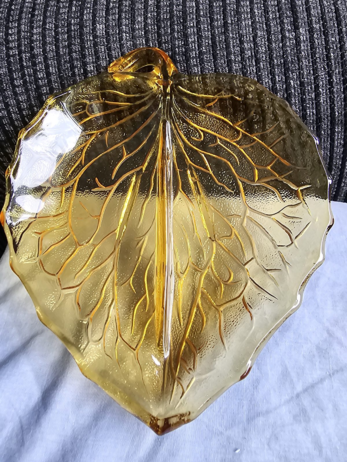 Vintage 1930s Bagley Amber Glass Divided Leaf Dish