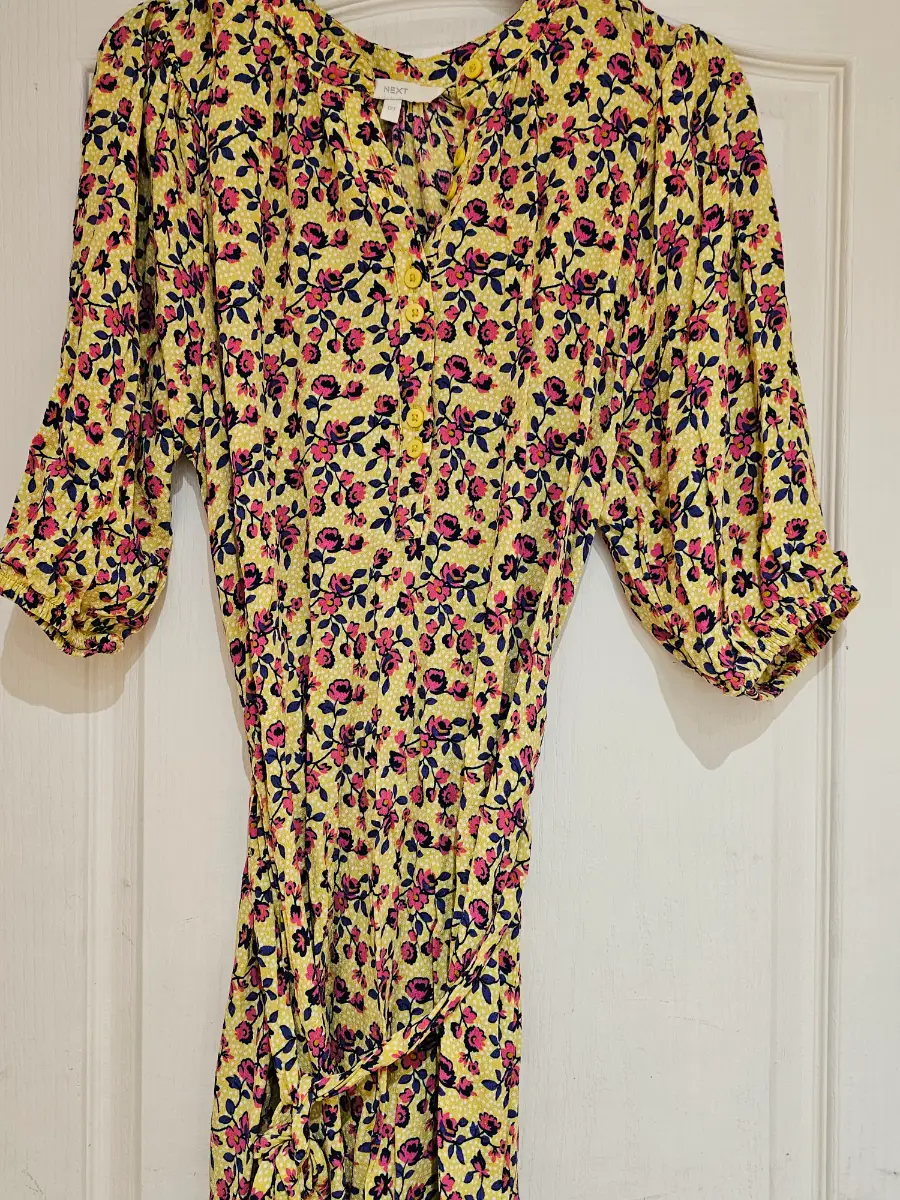 NEXT Yellow Floral Midi Dress – Size 12 – Tie‑Belt Waist