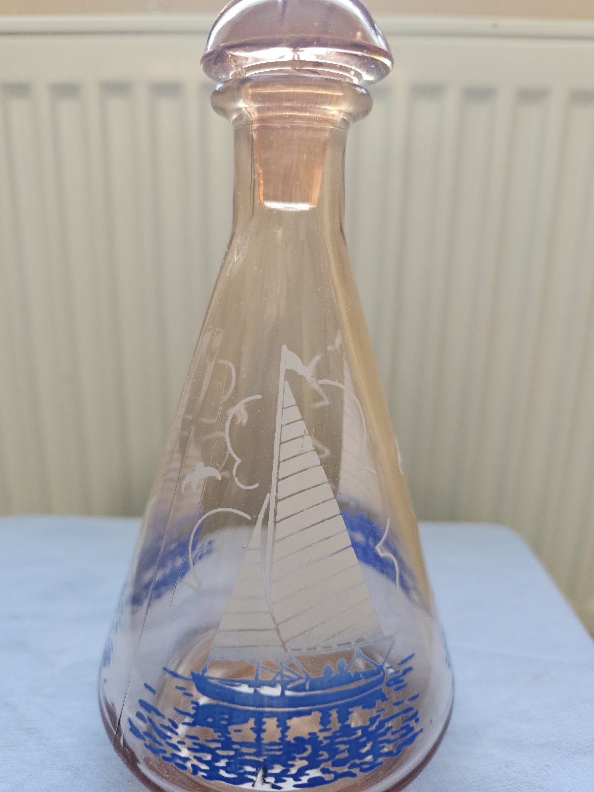 Vintage Mid‑Century Amber Glass Decanter with Sailboat Design