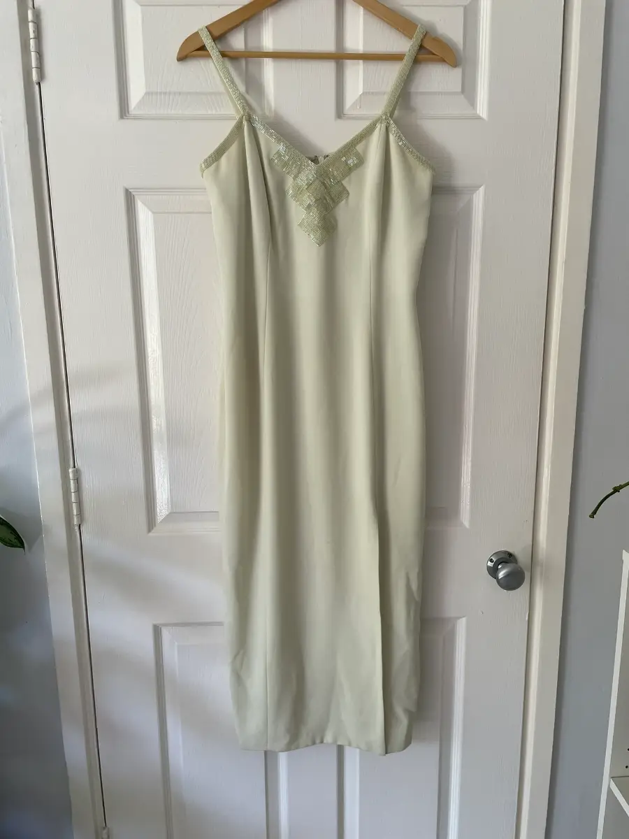 Vintage Frank Usher Light Green Beaded Argyle Maxi Dress Slit,Size 14