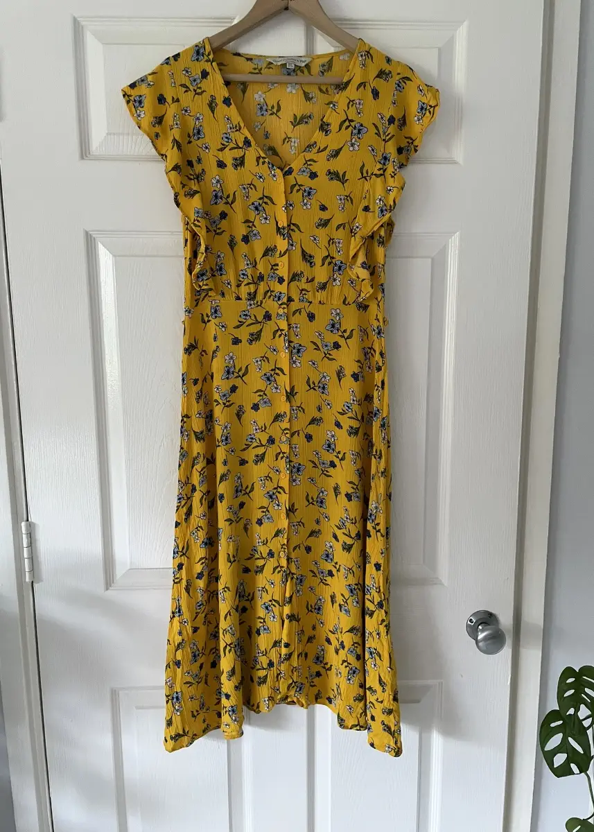 F&F Yellow Floral Frill Sleeve Midi Dress, Belted, Size 6