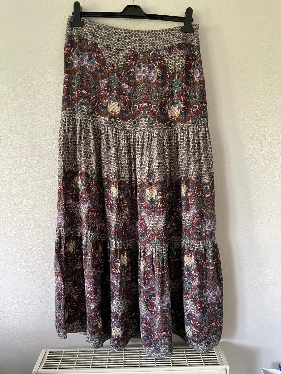 Y2K Yessica Purple Paisley Print Tiered Maxi Skirt, Size 14