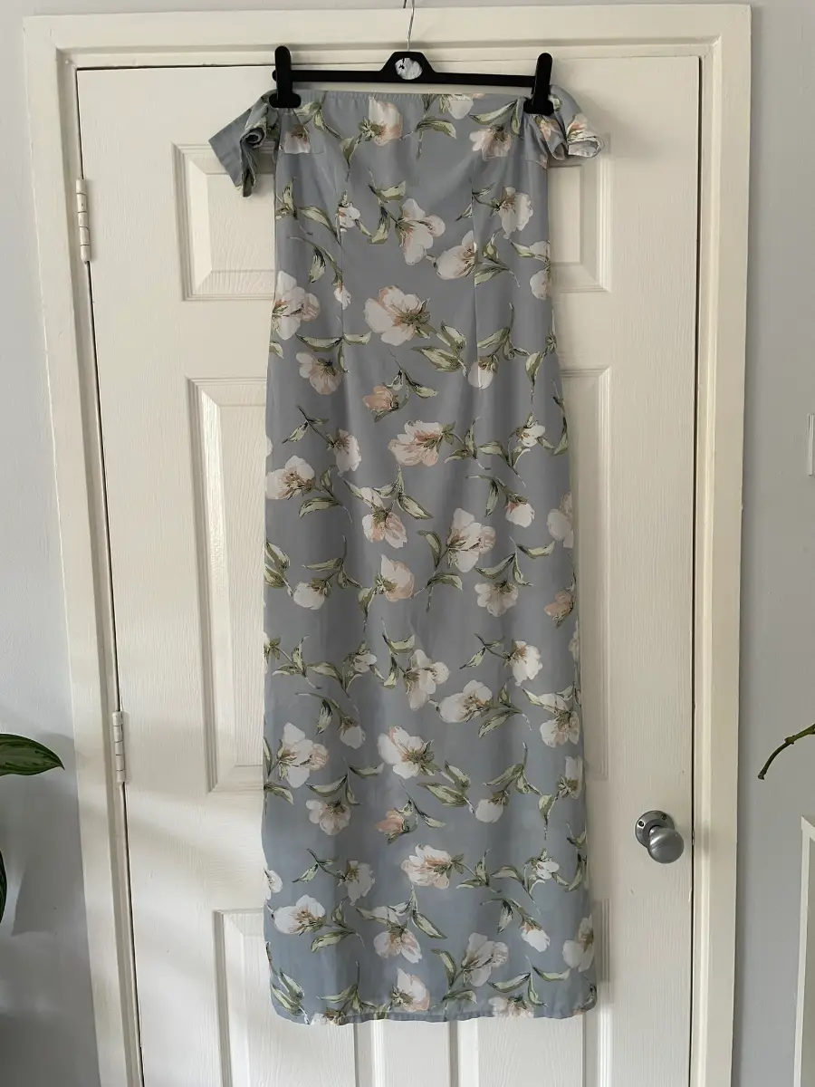 Boohoo Blue Floral Off the Shoulder Maxi Dress, Lined, Size 12