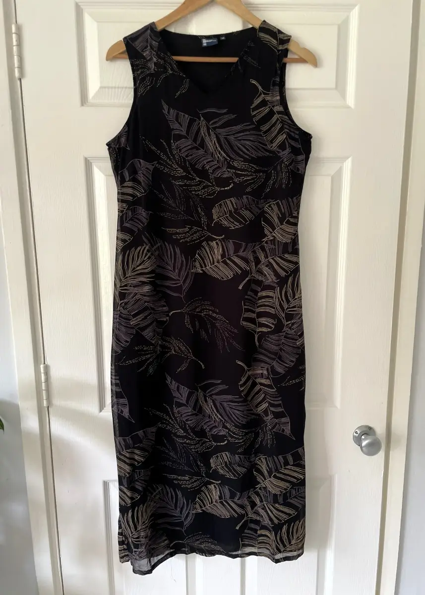 Y2K Dash Black Floral V Neck Slip Dress, Lined, Size 14