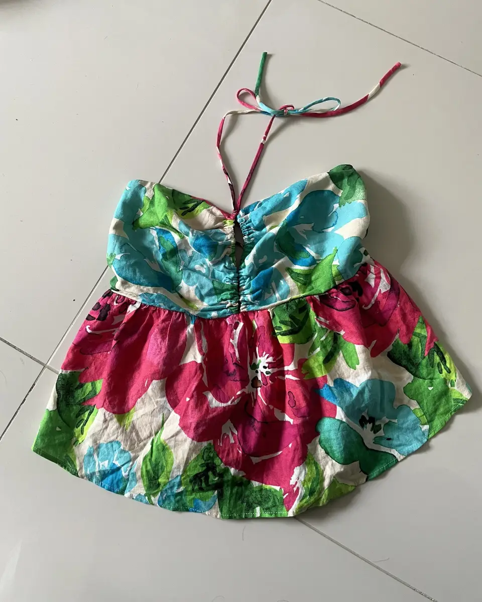 Zara Floral Corset Tie Back Halterneck Top, Linen, Size L, Festival