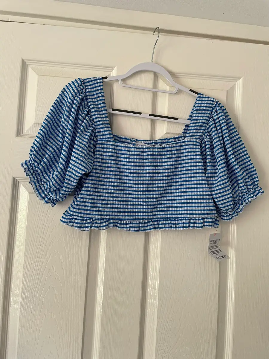 New ASOS Blue & White Gingham Square Neck Milkmaid Crop Top, Size L
