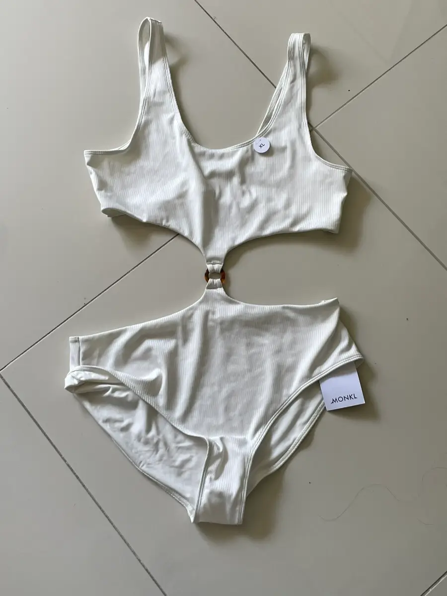 NEW Monki White Ribbed Cut Out One Piece Swimming Costume, Bikini Cut, Size XL